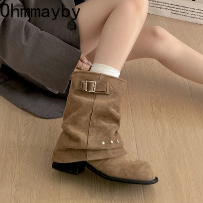 Winter Pleated Women Western Ankle Boots Fashion Rivet Belt Buckle Shoes Ladies Concise Vintage Thick Heel Short Booties.