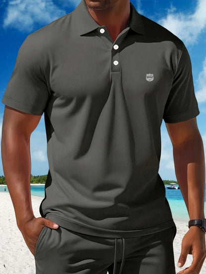 2025 Men's casual sports mesh set, summer T-shirt fashionable, comfortable and breathable lapel beach two-piece set.