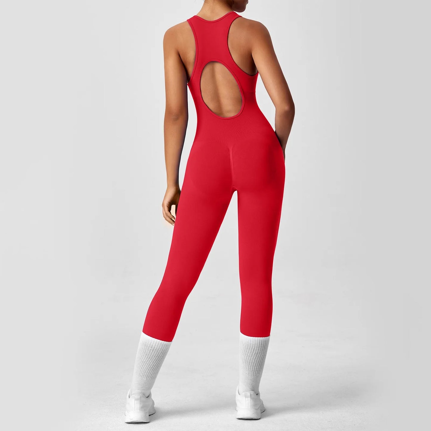 Ladies' Fashion Solid Color Round Neck Tight Yoga Jumpsuit Breathable Sleeveless Front Zipper Soft and Comfy Fitness Clothes.
