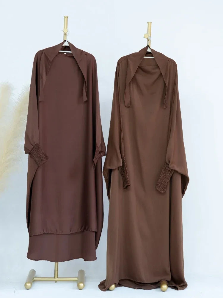 Ramadan Muslim Robe 2 Piece Set Mommy & Kids Prayer Garment Hijab Dress Women Girls Hooded Abaya Niqab Islam Dubai Eid jilbab