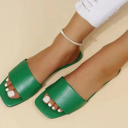 Women Fashion Sandals 2025 New Summer Flat Shoes Square Toe Slip-on Girls Indoor Street Slippers Plus Size Beach Slides.
