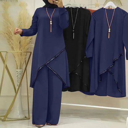 Women Eid Musulman Ensemble Muslim Sets Solid Blouses Wide Leg Pants Ramadan Morocco Two Pieces Dubai Kaftan Loose Modest.