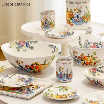 Creative Pumpkin Rabbit Pattern Tableware Garden Style Ceramic Plate Home Cute Dinner Plate Salad Bowl Kitchen Accessories.