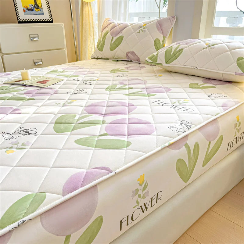 1pc Floral Style Bed Cover Quilted Bedspread Non-slip Mattress Protector Adults Kids Room Bedsheets 매트리스 커버 (No Pillowcase).
