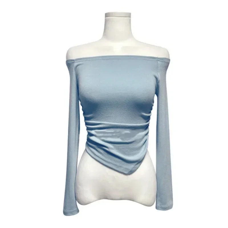 Korean Dongdaemun Fashionable Women's Clothing Off-the-shoulder Sexy Slimming Long Sleeve T-shirt Cropped Top Smooth Silhouette
