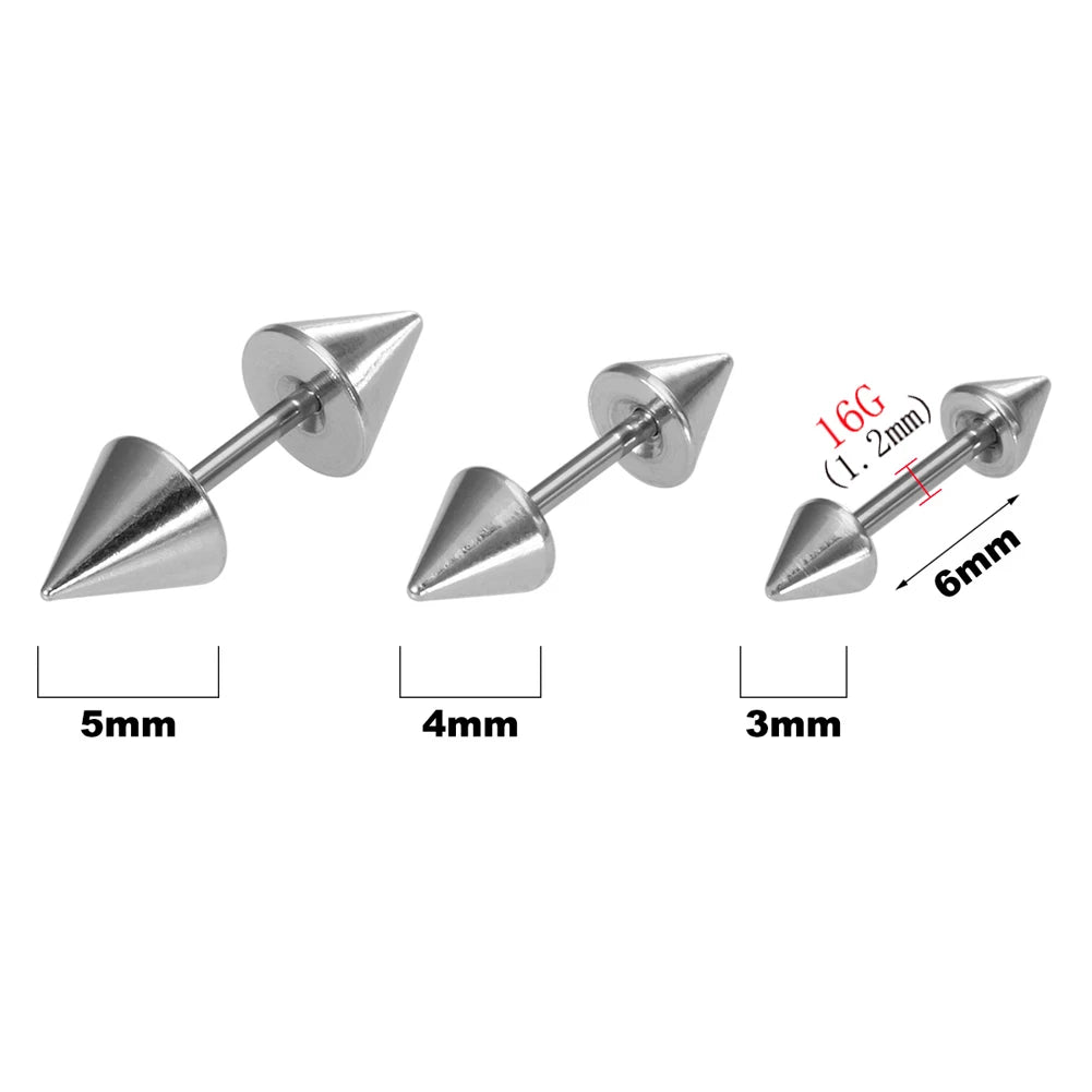 6PCS/Set 16G Stainless Steel Stud Earring 3/4/5mm Ball & Cone Screws Earrings Ear Bone Nail Piercing Body Jewelry.