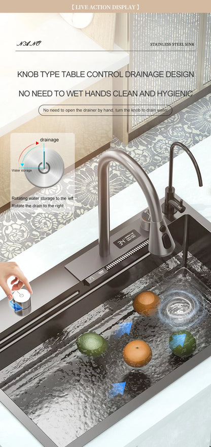 Edelstahl Küchen spüle Digital anzeige großes Single Slot hotel Multifunktion waschbecken mit Wasserfall Wasserhahn Wohnung