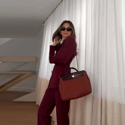 American New Fashion Women's Solid Color Casual Trendy 2 Piece Sets Long Sleeve Suit Blazers Wide Leg Trousers Female Clothes.