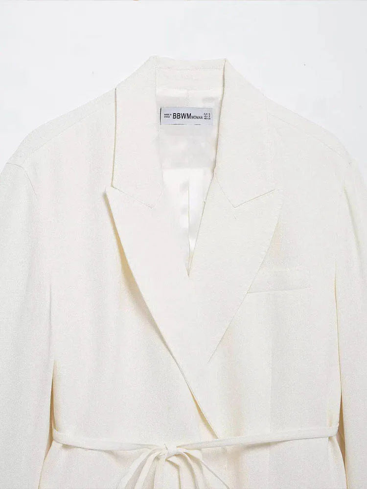 HH Women's Suits White Turn-Down Collar Long Sleeves Lace-Up Blazers+High Waist Zipper Long Pants Female Spring Fashion Sets.