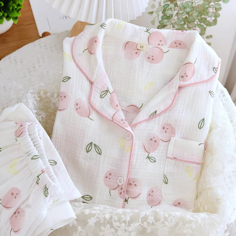 2025 Damen-Pyjama-Set für Frühling/Sommer, bedruckt, 100 % reine Baumwolle, dünn, langärmelig, zweiteiliges Set, frische und süße Strickjacke, Home Fury.