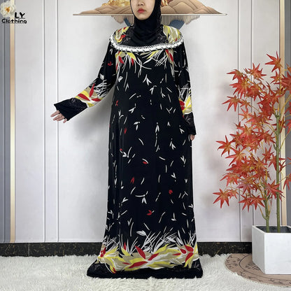 Muslim Ramadan Prayer For Women Long Sleeved Floral 2023Dubai Turkey Middle East Femme Loose Robe African Abayas Headscarf Dress.