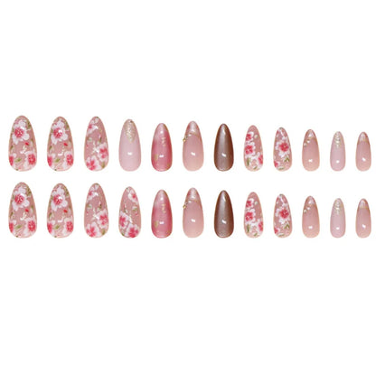 24Pcs Peach Blossom Press on Nails Cat's Eye Nude Glitter False Nail for Women&Girl Spring and Summer Detachable Wearable Nail.