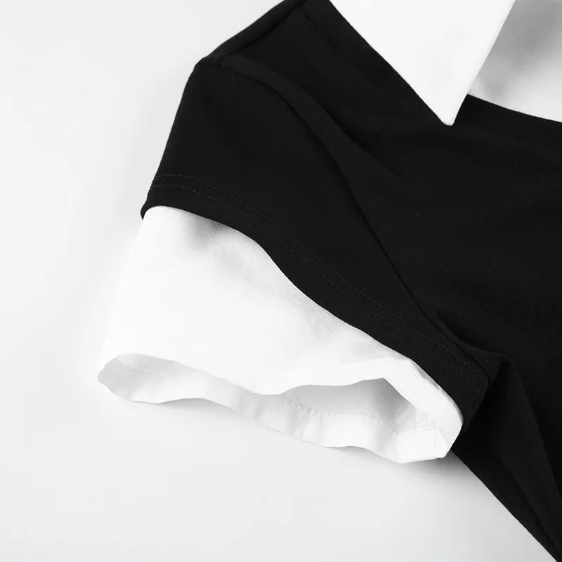 Fashionable and minimalist college style contrasting color lapel fake two piece T-shirt versatile short sleeved top