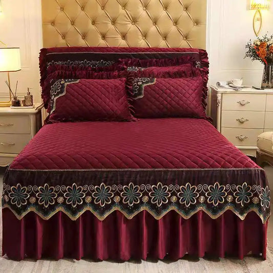 European Luxury Quilted Bed Skirt Winter Warm Thicken Velvet Bedspread King Good Hand Feeling Bed Skirt Not Included Pillowcase.