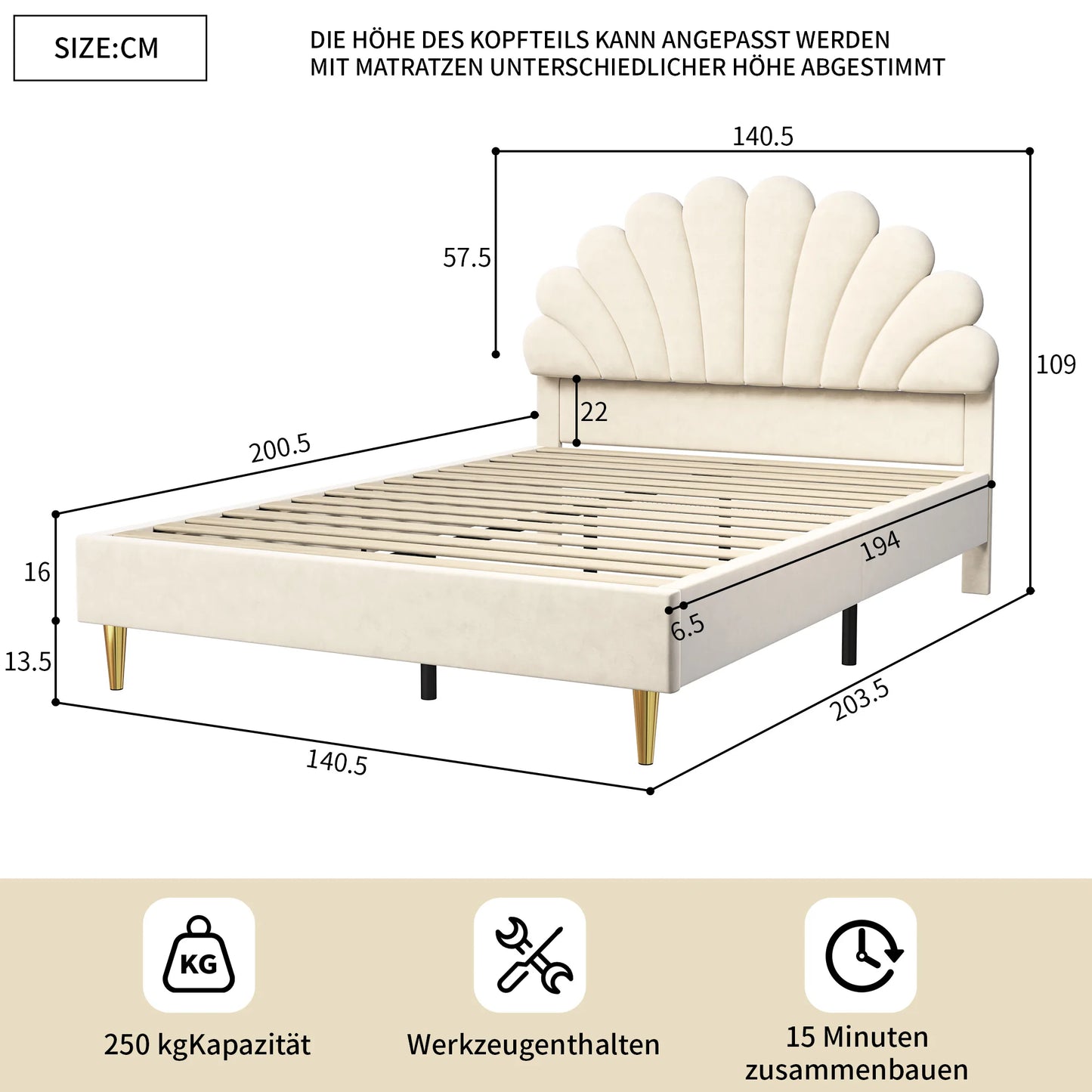 Rosahqnda Kinderbett Einzelbett Polsterbett 90x200cm Blumenkopfteil und Lattenrost aus Stoff für Mädchen ohne Matratze