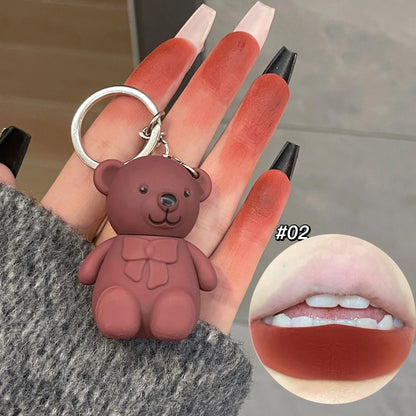 Cute Bear Keychain Matte Velvet Lip Gloss Mirror Brown Lipstick Waterproof Long Lasting Non-Stick Cup Lip Mud Korean Cosmetic