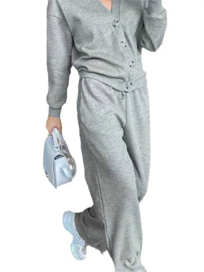 Autumn Fashion Knitted Cotton Women's Sports Jacket Suit Simple Trousers Pocket Casual Cardigan Elegant 2-piece Set Female.