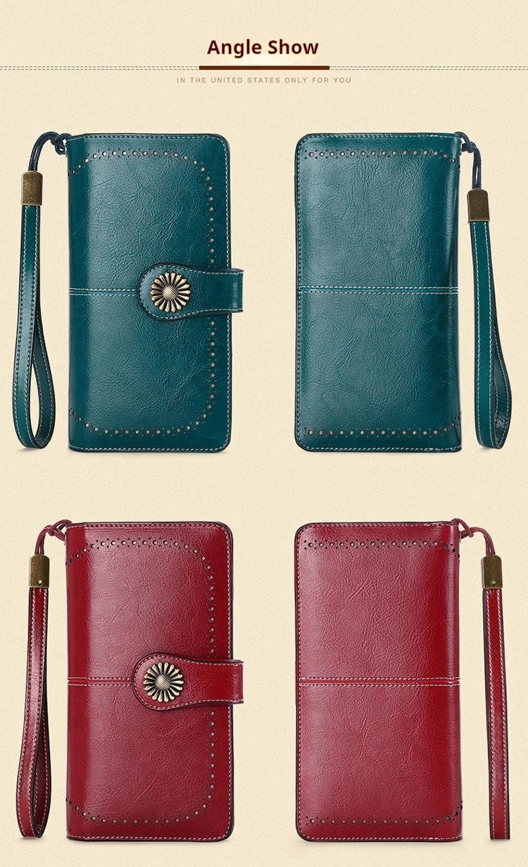 Vintage Large Capacity Women's Purse, Oil wax skin, Multi-card, Long Wallet, Multi-function Zipper Strap, Wrist Strap, New.