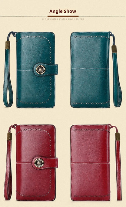 Vintage Large Capacity Women's Purse, Oil wax skin, Multi-card, Long Wallet, Multi-function Zipper Strap, Wrist Strap, New.