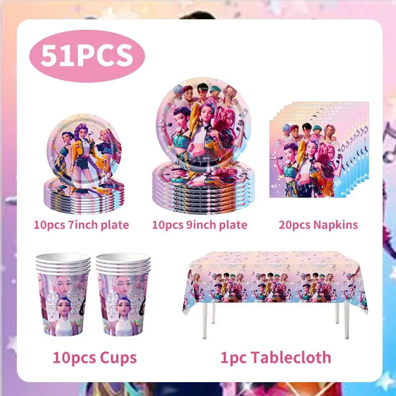 NEUE Dämon Jäger Kpop Geburtstag Dekorationen Set Geschirr Luftballons Banner Tischdecke Tasche Kpop Kuchen Dekor Für Mädchen Party Gefälligkeiten.