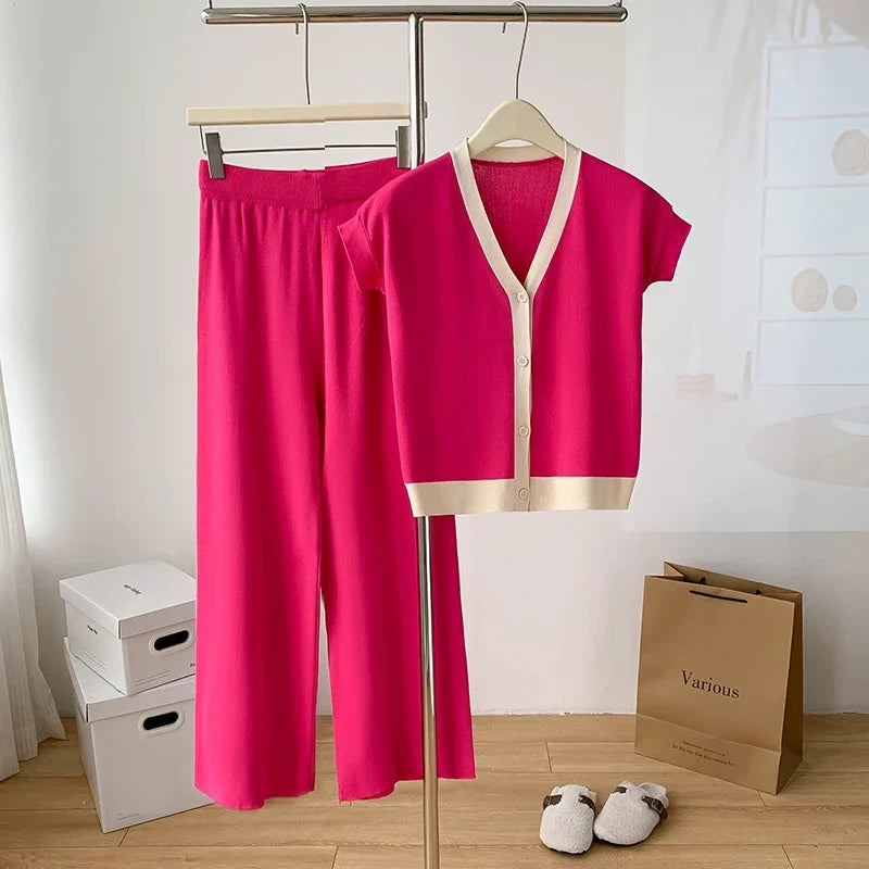 Fashion Knitted 2 Pieces Sets Women V-Neck Single Breasted Cardigan+High Waist Wide Leg Long Pants 2024 New Solid Sweater Suits.