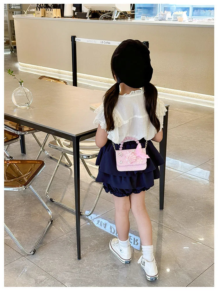 Lovely Sequin Girls Square Shoulder Bag Fish Tail Starfish Princess Crossbody Bags Bead Handle Children's Small Handbags Purse.