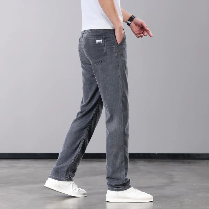 Summer Thin Men's Jeans Lyocell Fabric Soft Breathable Straight Denim Pants Brand Man Elastic Ice Silk Casual Trousers Grey Blue