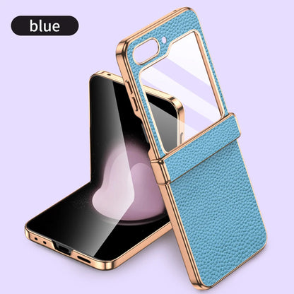 Cowhide Leather Phone Case for Samsung Galaxy Z Flip7 Flip6 Flip5 Flip 7 6 5 Luxury Hinge Protection Cover with Tempered Glass