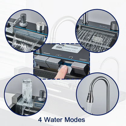 Küchenspüle aus Edelstahl 304 mit Digitalanzeige, Wasserfall-Wasserhahn, multifunktionales 75 x 45 cm großes Wal-Waschbecken mit einem Schlitz