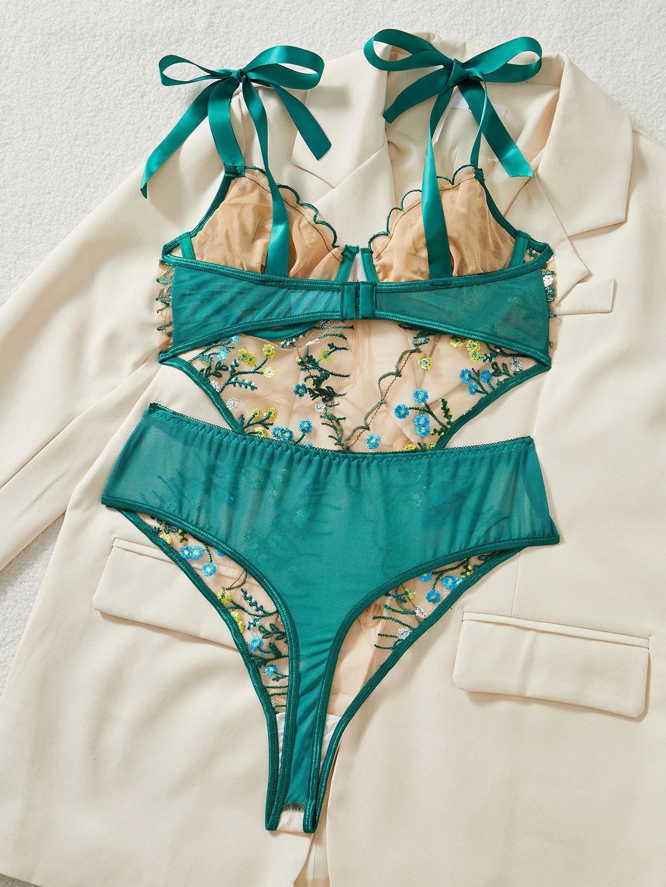 Sexy Pink Floral Embroidery Lingerie Bodysuit Hollow Out Strap Bow Tie Underwear Playsuit Backless Patchwork Mesh Erotic Romper.