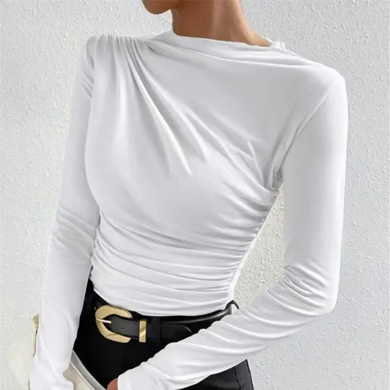 New Pure Color Folded High Collar Slim Fit Long Sleeve T-Shirt Grey Autumn Winter Versatile Design Base Layer Women's Top.