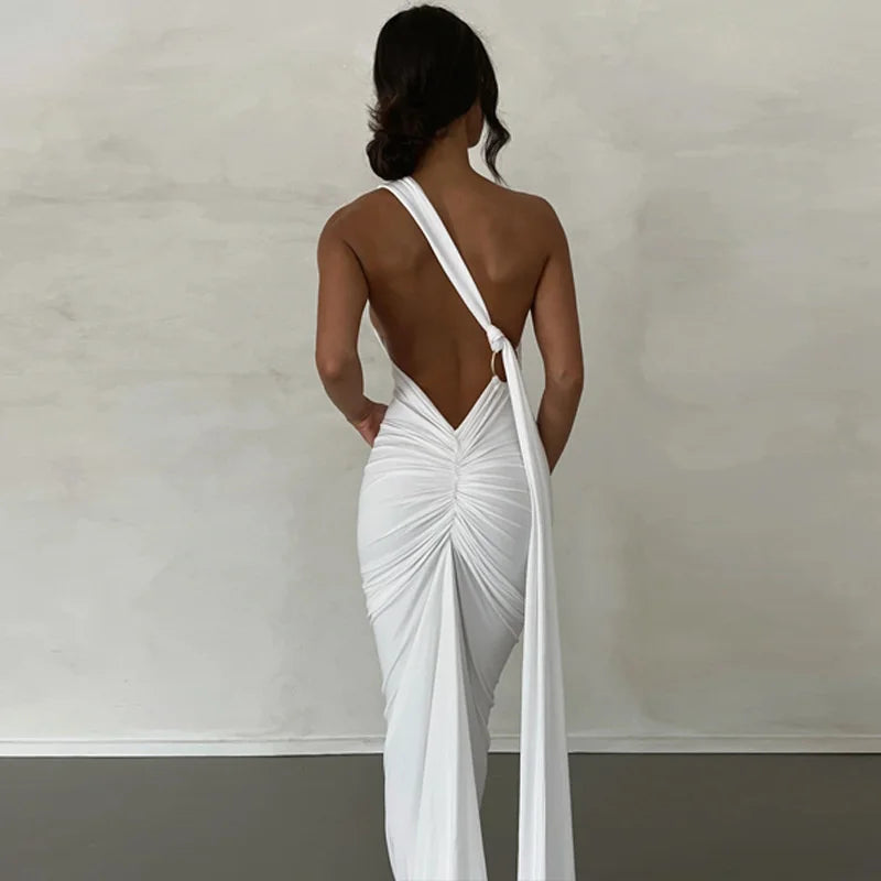 Mozision Schräge Schulter Backless Maxi Kleid Für Frauen Kleid Sommer Zurück Strap Ärmellose Geraffte Party Sexy Langes Kleid Vestidos.