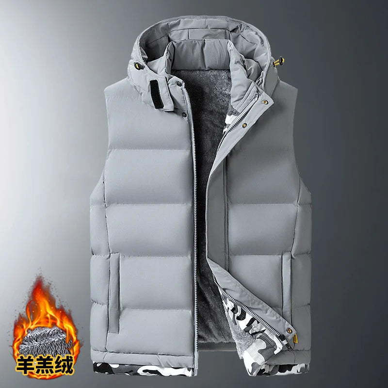 M-10XL Oversize Vests New Lambskin Vest Men's Autumn and Winter Warm and Detachable Hooded Youth Vests Windproof Waistcoats
