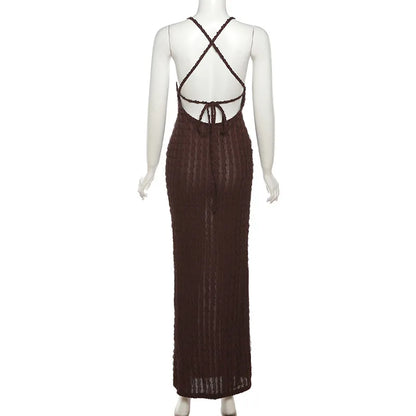 Sexy Streifen Rippen Stricken Schlank Bodycon Maxi Kleid Frauen Ärmellose Backless Lange Popcorn NDress Elegante Club Party Vestidos