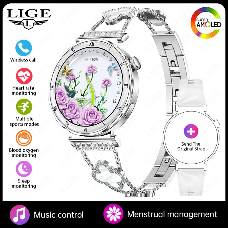 LIGE Luxury 1.19” AMOLED Screen Smart Watch Women Health Monitor Women's Wristwatch Bluetooth Call Waterproof Ladies Smartwatch