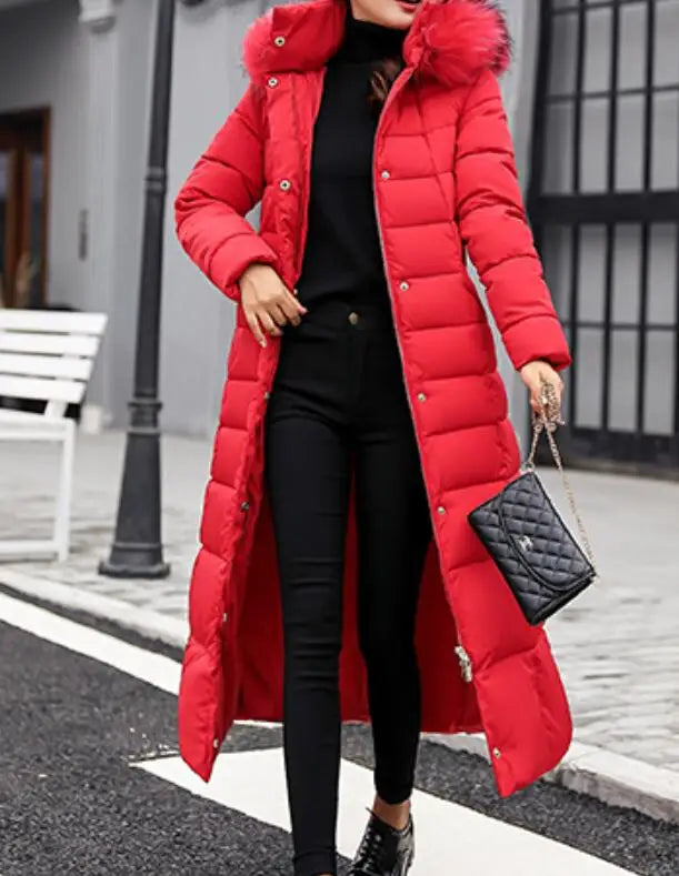 Neue Wintermode Langarm Pelzkragen Reißverschluss Einfarbig Slim Fit Lange Version Dicke Daunenjacke Mit Kapuze Für Frauen, 6 Farben.