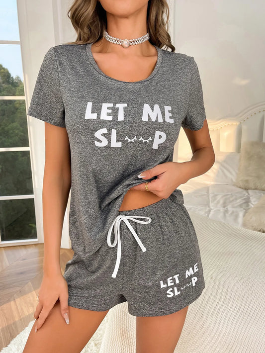 Damen-Pyjama-Set im neuen Stil, graues Oberteil, Buchstaben-Shorts, zweiteilig, lässige Heimkleidung