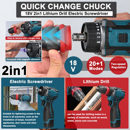 2in1 Akku-Elektroschrauber Bohrer Bürstenloser Motor 45/55 Nm Drehmoment Stufenlose Geschwindigkeitsregelung Hand-Lithium-Treiber-Bohrmaschine