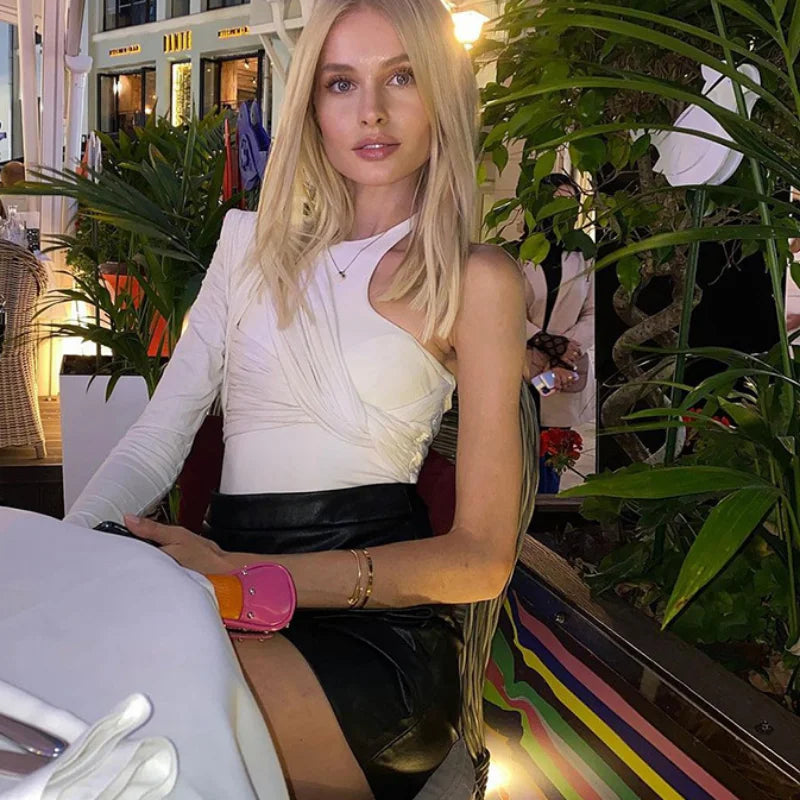 2025 Slim Club Party Bodysuits High Waist Irregular Bodysuit Sexy Backless Twist Streetwear One Shoulder Long Sleeve Tops 19493.