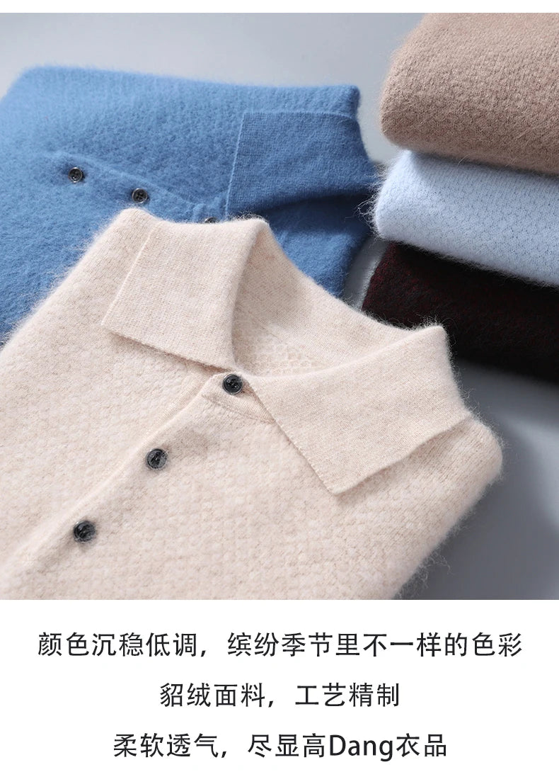 Men's 100% Mink Cashmere Large Size Sweaters Autumn Winter Solid POLO-neck Casual Knit Pullovers Men Long Sleeve Warm Jumper to.