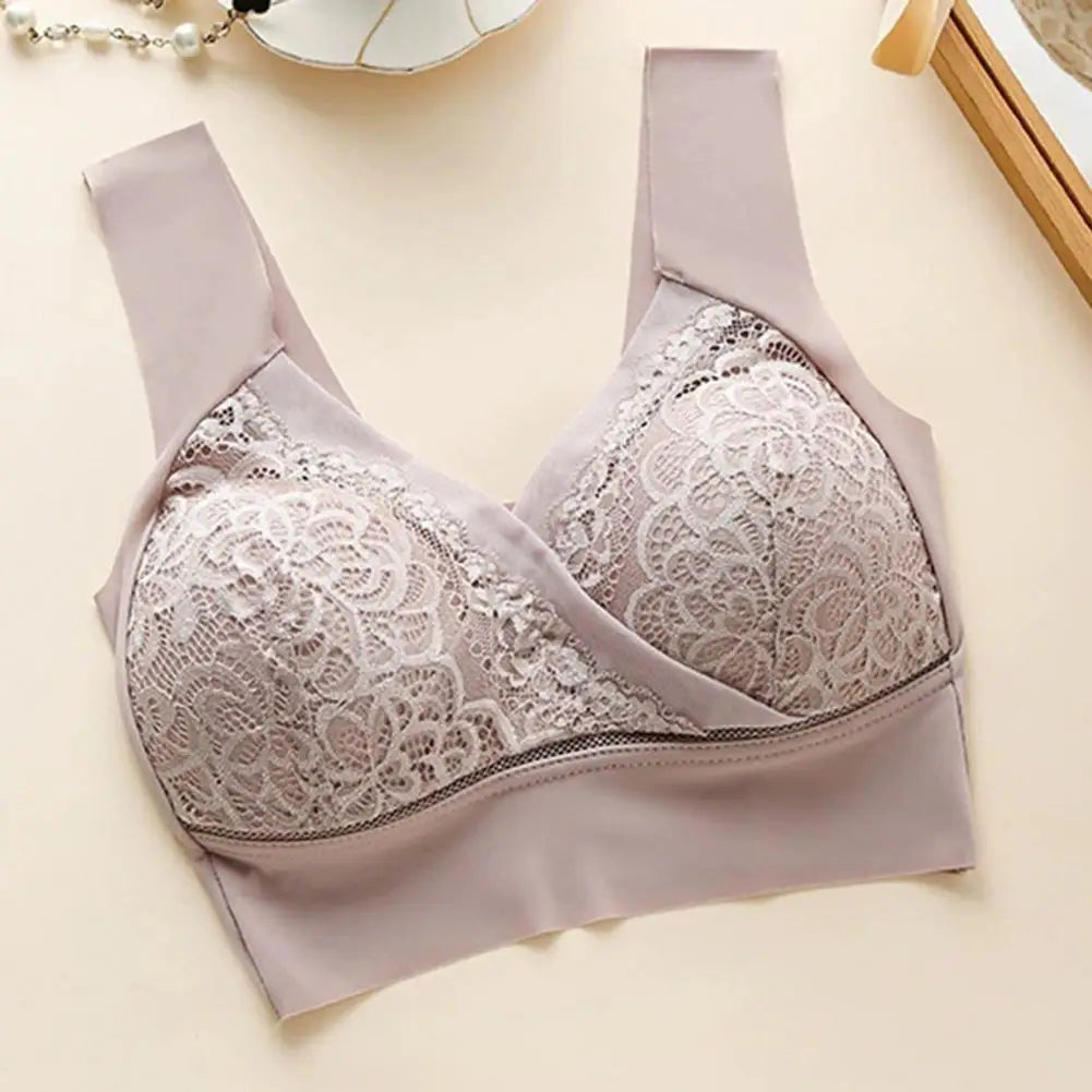 Women Bra Elastic Shoulder Strap Lace Floral Embroidery Maximum Comfort Shockproof Push-up Anti-snagging Wireless Yoga Bra.