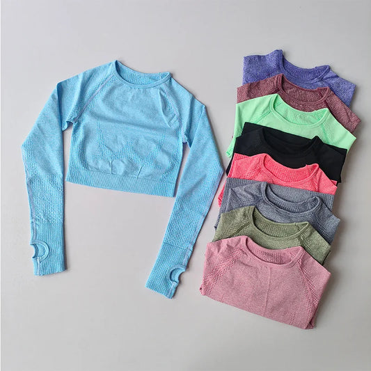 Women's Shirt Seamless Crop Top Fitness Shirts Long Sleeve Sports Top Woman Yoga Tops Activewear With Thumb Hole Sportswear.