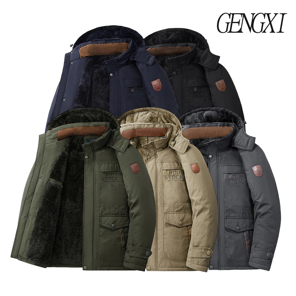 New Autumn/Winter Men's Fleece-Lined Thickened Cotton Coat Casual Vintage Workwear Jacket with Detachable Hood Multiple Pockets.