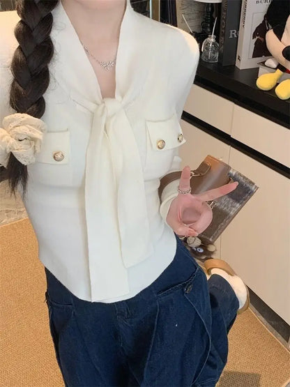 Frauen Frühling Herbst Einfachheit Büro Dame V-ausschnitt Einfarbig Langarm Strickwaren Damen Mode Alle-spiel Temperament Tops