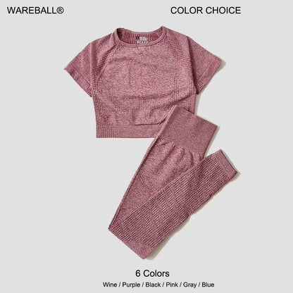 WAREBALL Seamless Yoga Set Women Workout Gym Clothes Fitness Short Sleeve Crop Top Shirt High Waist Leggings Pants Sports Suits.