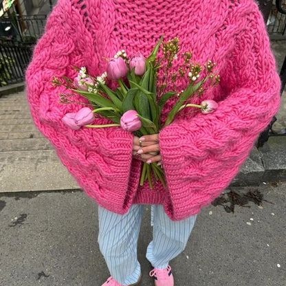 Casual Twists Stricken Oversize-Pullover Frauen Oansatz Lange Flare Hülse Lose Solide Pullover 2025, Herbst Winter Vintage Pullover