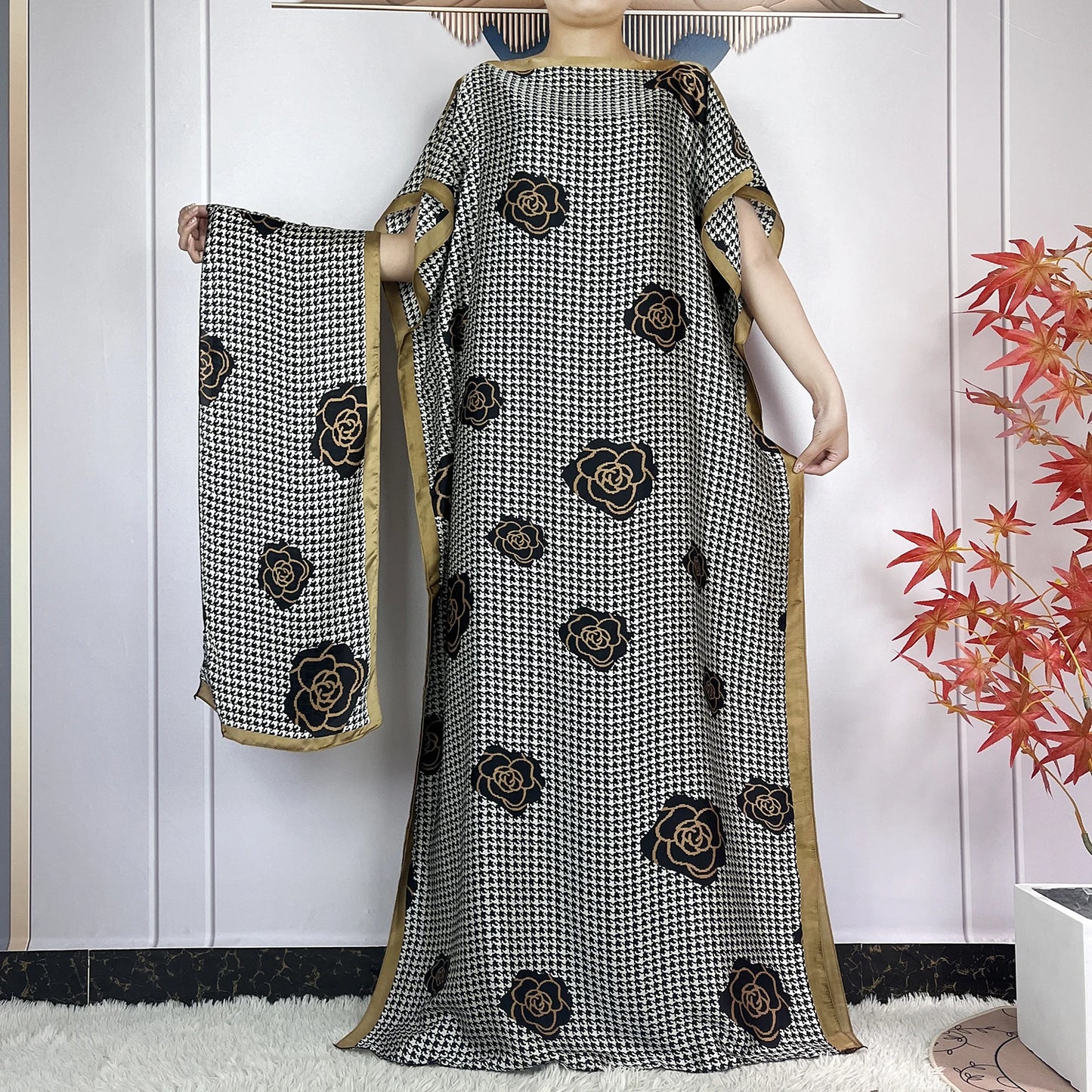 2024 New Dubai Summer Fashion For Women Printed Silk Soft Loose Femme Robe African Islam Maxi Woman Casual Dresses With Turban