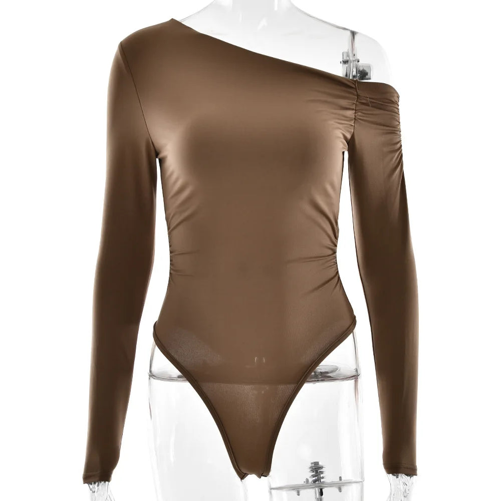 Cryptographic Fashion Solid Long Sleeve Bodysuits Elegant Outfits Slim Asymmetrical Tops Streetwear Basic One Piece Clothes.