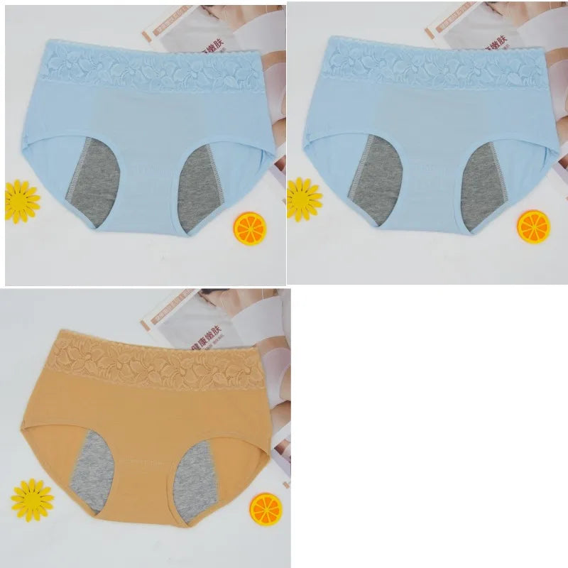 3 Pcs Women's Cotton Briefs Menstruation Underwear Leak Proof Sanitary  With Menstrual Bamboo Fancy Low Waist Slimming Panties.
