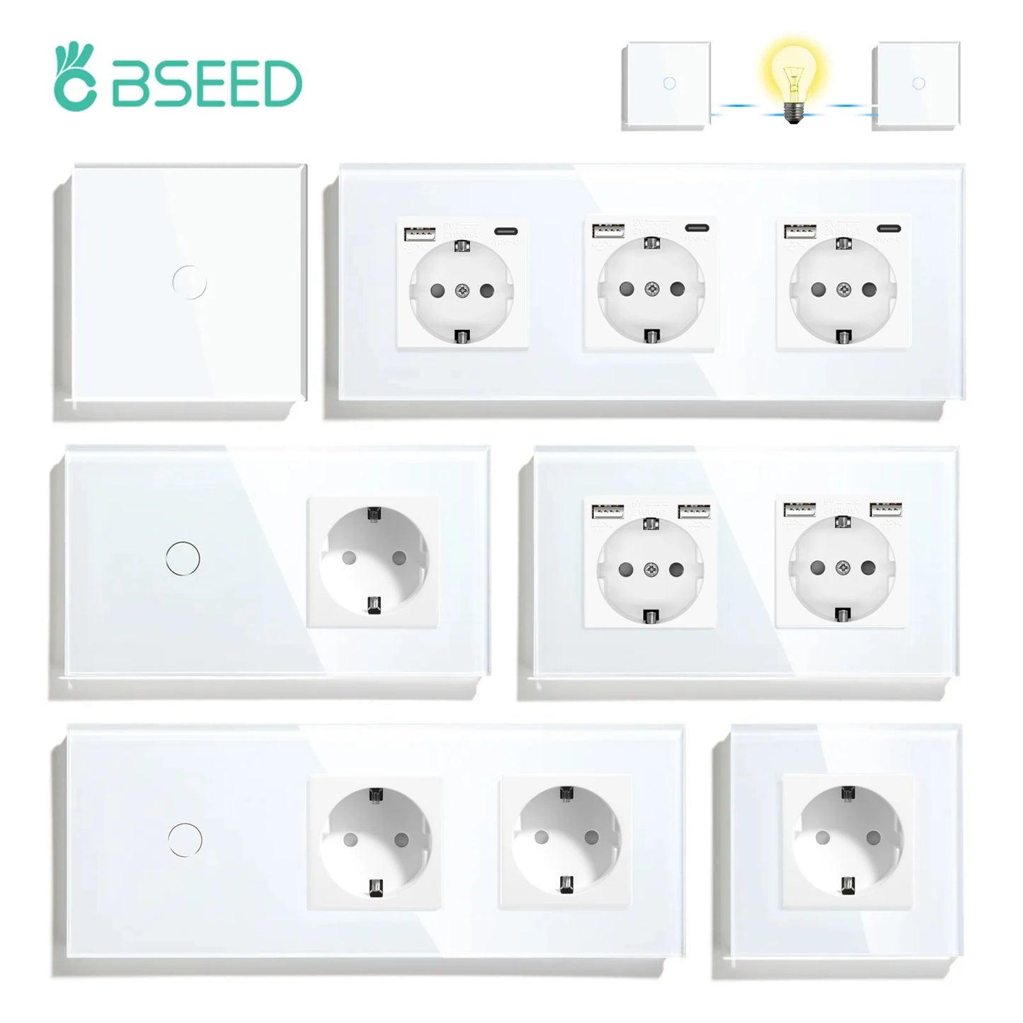 BSEED 1/2/3Gang Touch Licht Schalter Glas Panel 2Way Wand Schalter Led Ändern Schalter Blaue Hintergrundbeleuchtung EU Steckdosen USBC Port.